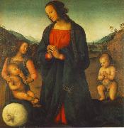 PERUGINO, Pietro Madonna, an Angel and Little St John Adoring the Child (Madonna del sacco) R Germany oil painting artist